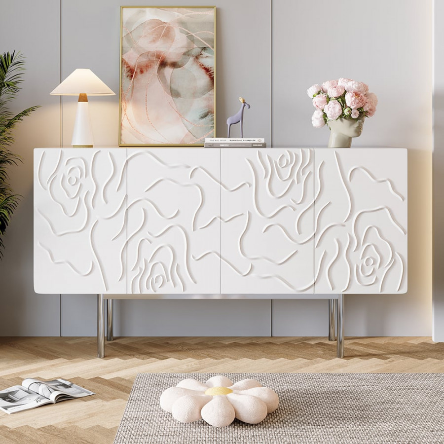 HMR - 59" White Sideboard Buffet with Doors Modern Carved Credenza Adjustable Shelves