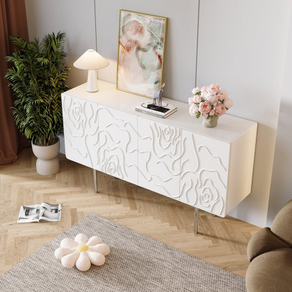 HMR - 59" White Sideboard Buffet with Doors Modern Carved Credenza Adjustable Shelves