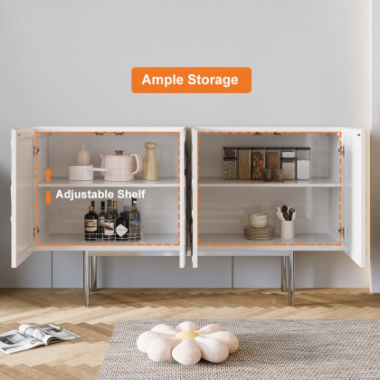 HMR - 59" White Sideboard Buffet with Doors Modern Carved Credenza Adjustable Shelves