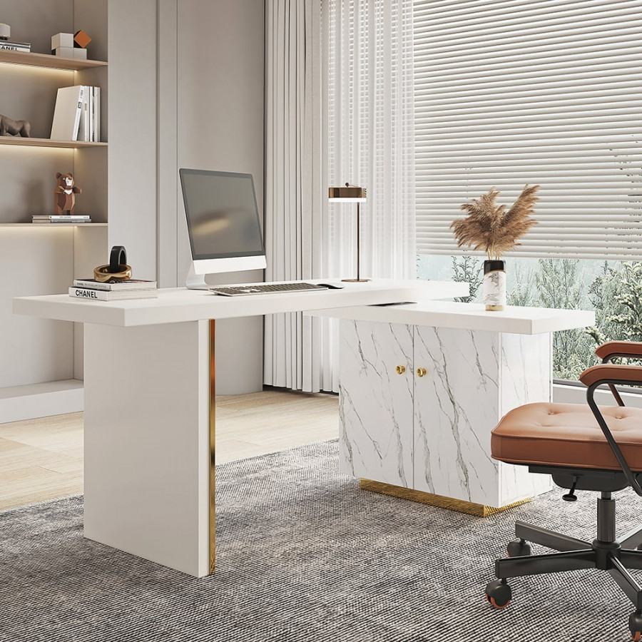 HMR - 88" Modern White L-Shape Writing Desk with Side Cabinet Wood Office Desk Gold Finish