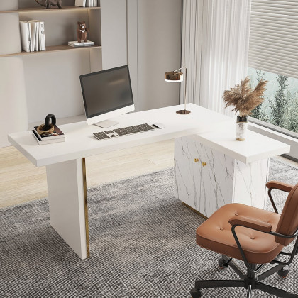 HMR - 88" Modern White L-Shape Writing Desk with Side Cabinet Wood Office Desk Gold Finish