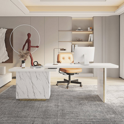 HMR - 88" Modern White L-Shape Writing Desk with Side Cabinet Wood Office Desk Gold Finish