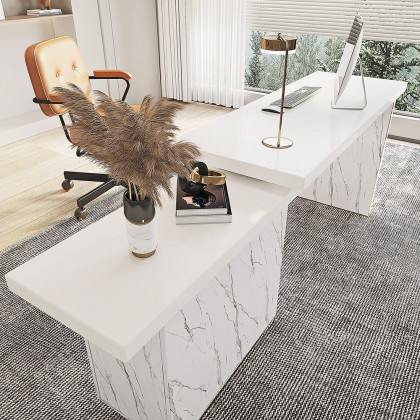 HMR - 88" Modern White L-Shape Writing Desk with Side Cabinet Wood Office Desk Gold Finish