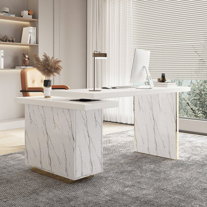 HMR - 88" Modern White L-Shape Writing Desk with Side Cabinet Wood Office Desk Gold Finish