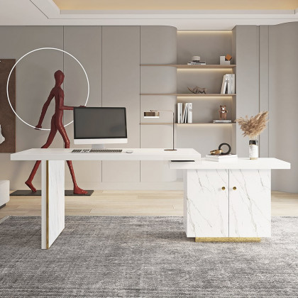 HMR - 88" Modern White L-Shape Writing Desk with Side Cabinet Wood Office Desk Gold Finish