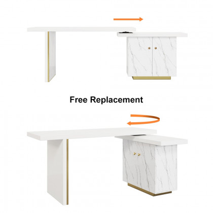 HMR - 88" Modern White L-Shape Writing Desk with Side Cabinet Wood Office Desk Gold Finish