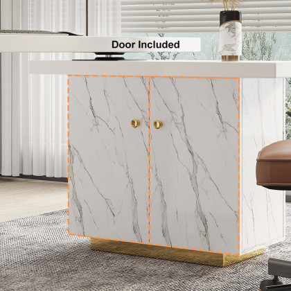 HMR - 88" Modern White L-Shape Writing Desk with Side Cabinet Wood Office Desk Gold Finish