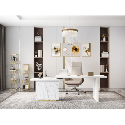 HMR - 88" Modern White L-Shape Writing Desk with Side Cabinet Wood Office Desk Gold Finish