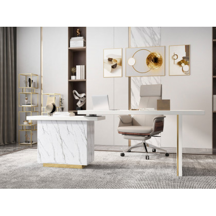 HMR - 88" Modern White L-Shape Writing Desk with Side Cabinet Wood Office Desk Gold Finish