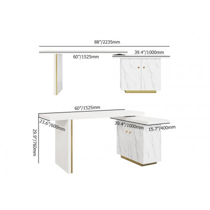HMR - 88" Modern White L-Shape Writing Desk with Side Cabinet Wood Office Desk Gold Finish