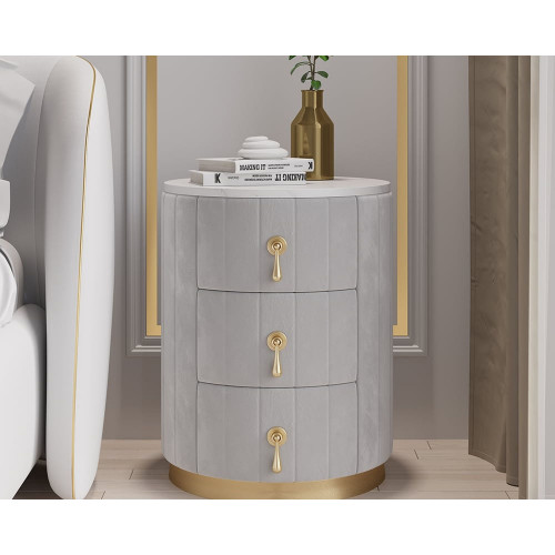 HMR 3-Drawer Round Nightstand (Set of 2) - Gray, Velvet