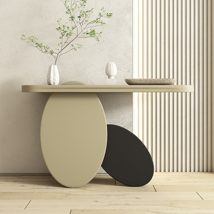 HMR - 39.4" Modern Console Table Oval Wood Entryway Table with Circle Base Light Khaki