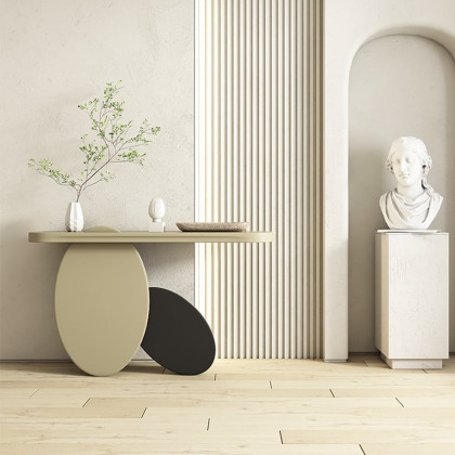 HMR - 39.4" Modern Console Table Oval Wood Entryway Table with Circle Base Light Khaki