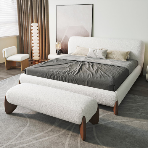 HMR Curva White Boucle Platform King Size Bed & Bedroom Bench Set - White, King