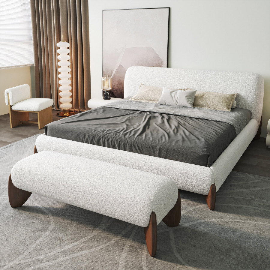 HMR Curva White Boucle Platform King Size Bed & Bedroom Bench Set - White, King