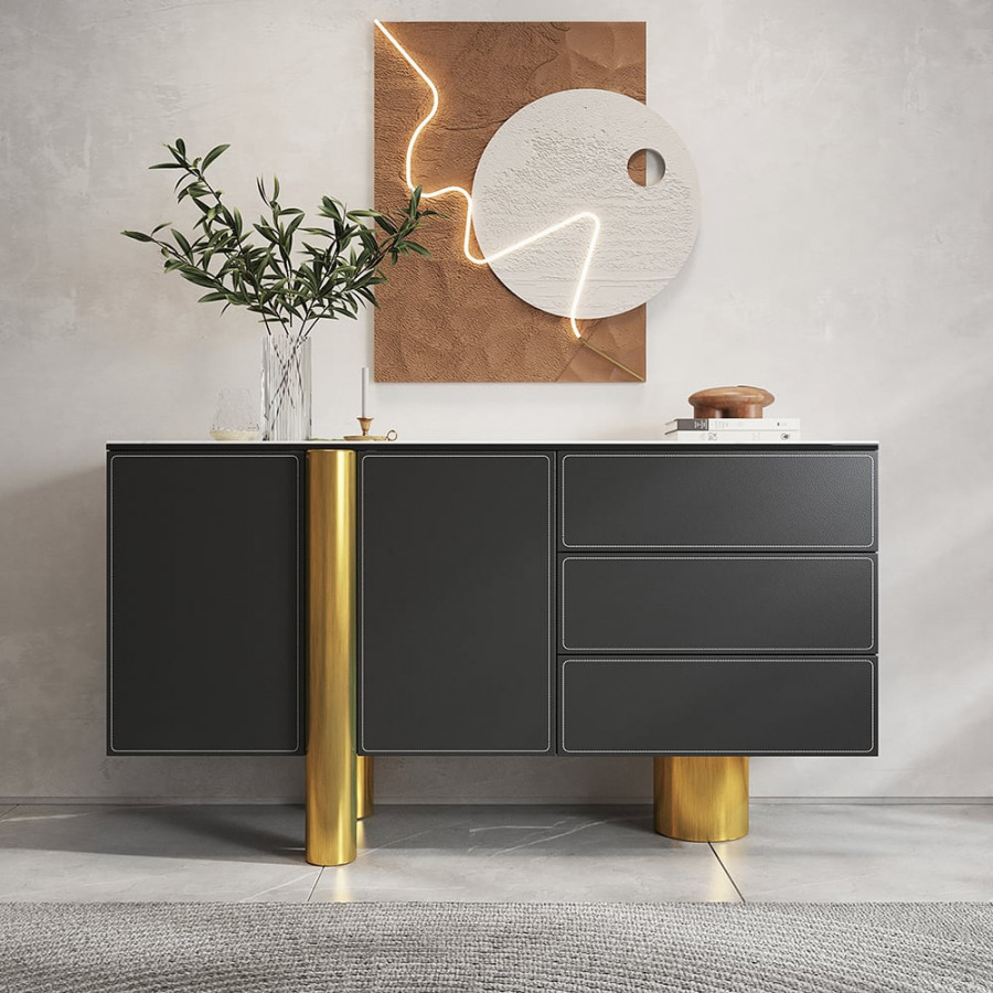 HMR - 60" White Storage Sideboard Buffet Sintered Stone Top Black Faux Leather Cabinet