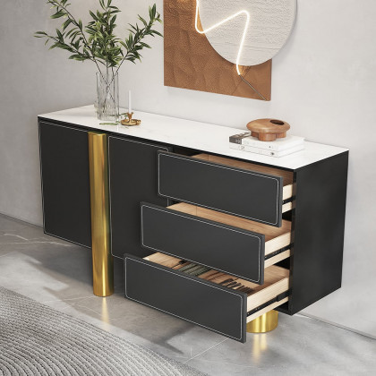 HMR - 60" White Storage Sideboard Buffet Sintered Stone Top Black Faux Leather Cabinet