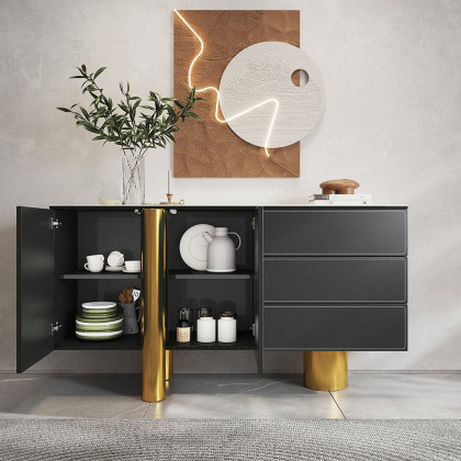 HMR - 60" White Storage Sideboard Buffet Sintered Stone Top Black Faux Leather Cabinet