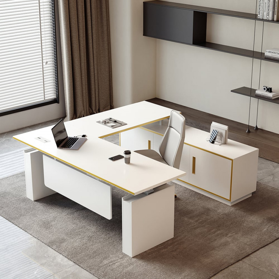 HMR - Modern White U-shaped Adjustable Height Electric Standing Desk with 2 Doors & 3 Drawers