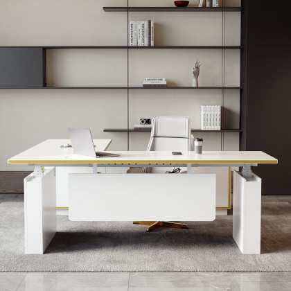 HMR - Modern White U-shaped Adjustable Height Electric Standing Desk with 2 Doors & 3 Drawers