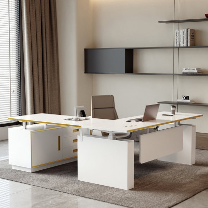 HMR - Modern White U-shaped Adjustable Height Electric Standing Desk with 2 Doors & 3 Drawers