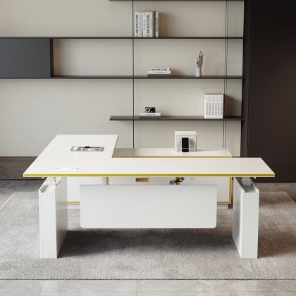 HMR - Modern White U-shaped Adjustable Height Electric Standing Desk with 2 Doors & 3 Drawers
