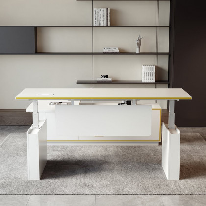 HMR - Modern White U-shaped Adjustable Height Electric Standing Desk with 2 Doors & 3 Drawers