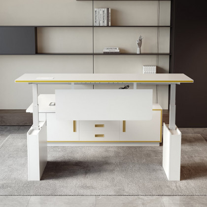 HMR - Modern White U-shaped Adjustable Height Electric Standing Desk with 2 Doors & 3 Drawers