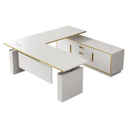 HMR - Modern White U-shaped Adjustable Height Electric Standing Desk with 2 Doors & 3 Drawers