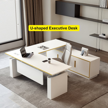 HMR - Modern White U-shaped Adjustable Height Electric Standing Desk with 2 Doors & 3 Drawers