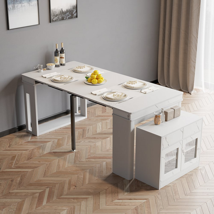 HMR 70.9" Rectangle Folding Wood Dining Table with Sideboard (Seats 2-4 People) - White