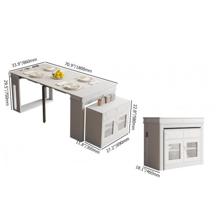 HMR 70.9" Rectangle Folding Wood Dining Table with Sideboard (Seats 2-4 People) - White