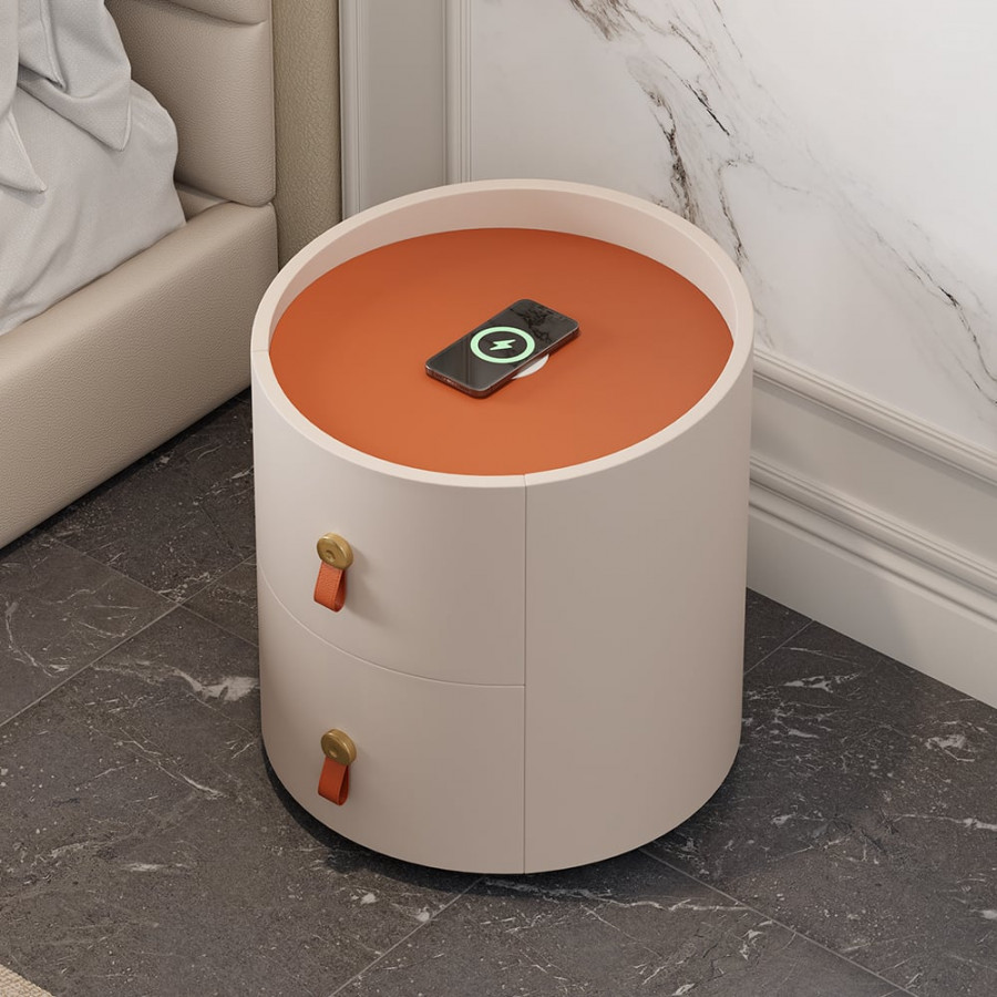 HMR - Chanor Round Leather 2 Drawer Nightstand with Sintered Stone Top & Wireless Charger