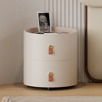 HMR - Chanor Round Leather 2 Drawer Nightstand with Sintered Stone Top & Wireless Charger