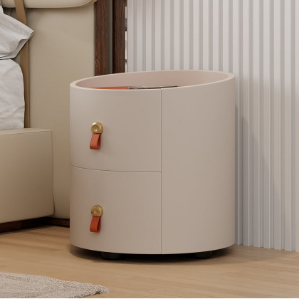 HMR - Chanor Round Leather 2 Drawer Nightstand with Sintered Stone Top & Wireless Charger