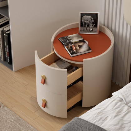HMR - Chanor Round Leather 2 Drawer Nightstand with Sintered Stone Top & Wireless Charger