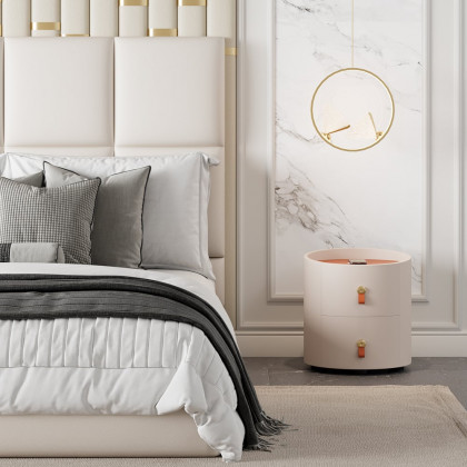 HMR - Chanor Round Leather 2 Drawer Nightstand with Sintered Stone Top & Wireless Charger