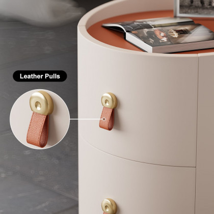 HMR - Chanor Round Leather 2 Drawer Nightstand with Sintered Stone Top & Wireless Charger