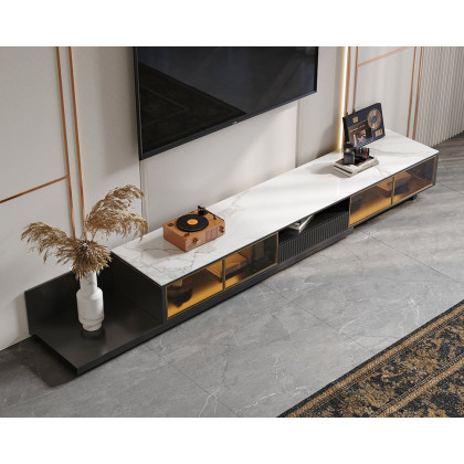 HMR 110.2" Modern Extendable TV Stand Glass Door Media Console with LED Light & Drawer - Black