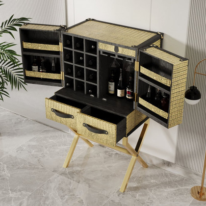 HMR - Luxury Gold Faux Leather Bar Wine Rack Cabinet with Storage Home Bar Cabinet