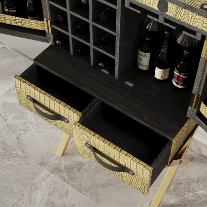 HMR - Luxury Gold Faux Leather Bar Wine Rack Cabinet with Storage Home Bar Cabinet