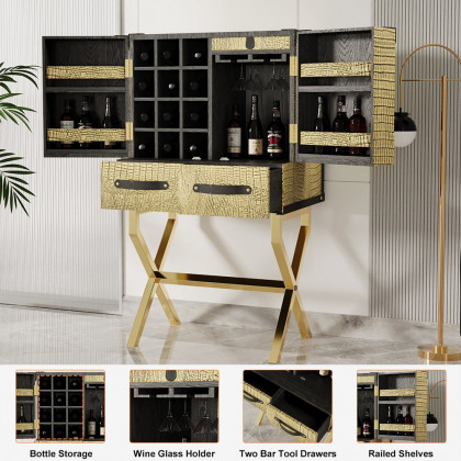 HMR - Luxury Gold Faux Leather Bar Wine Rack Cabinet with Storage Home Bar Cabinet