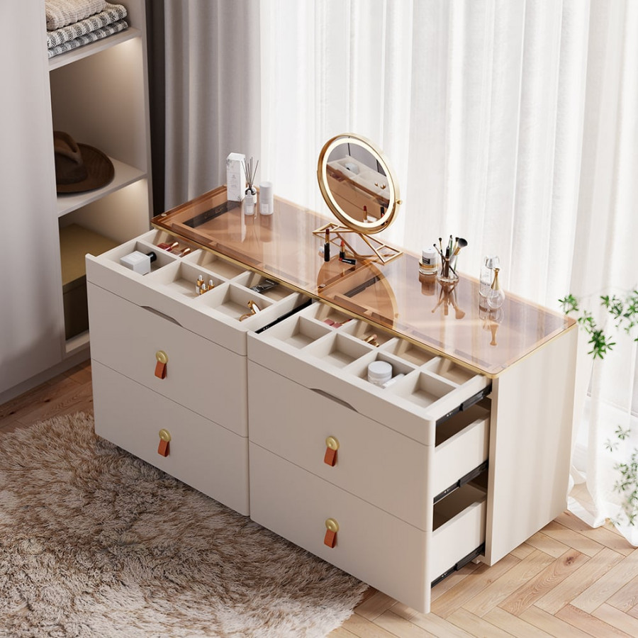 HMR Chanor 47" Glass Top 6-Drawer Dresser - Champagne