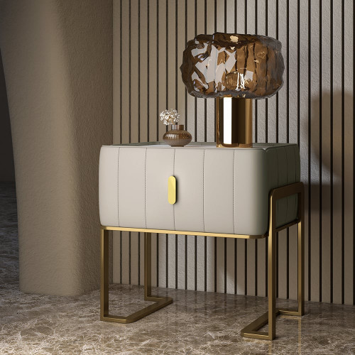 HMR Modern Nightstand Drawer Bedroom Bedside Table with Sintered Stone Top - Champagne, Set of 2