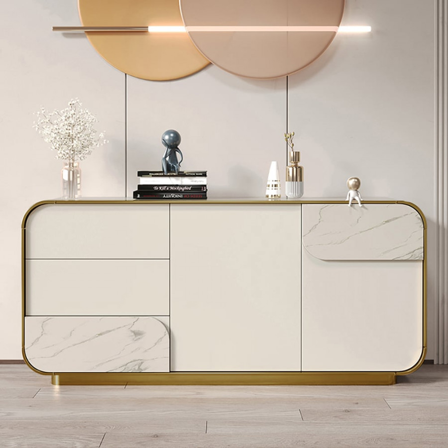 HMR - 63" Modern Off White Sideboard Buffet with Storage White Sintered Stone Credenza