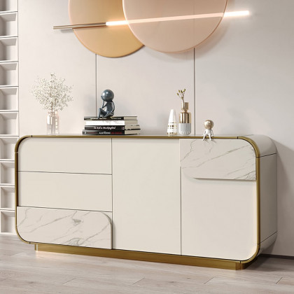 HMR - 63" Modern Off White Sideboard Buffet with Storage White Sintered Stone Credenza