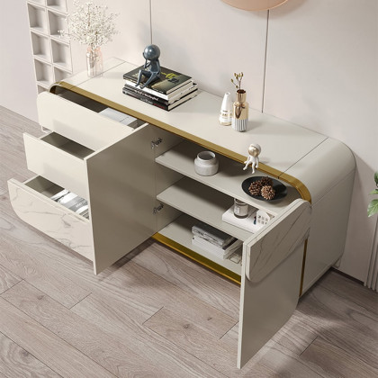 HMR - 63" Modern Off White Sideboard Buffet with Storage White Sintered Stone Credenza