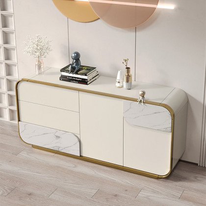 HMR - 63" Modern Off White Sideboard Buffet with Storage White Sintered Stone Credenza