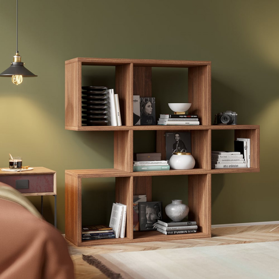 HMR - Modern 3-Tier Geometric Horizontal Bookcase Walnut Wood Bookshelf Storage Display Shelf