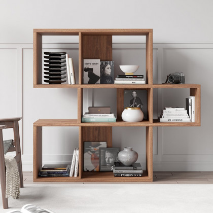 HMR - Modern 3-Tier Geometric Horizontal Bookcase Walnut Wood Bookshelf Storage Display Shelf